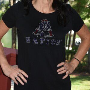 Patriots rhinestone bling black  round neck short sleeve shirt XS S M L XL…